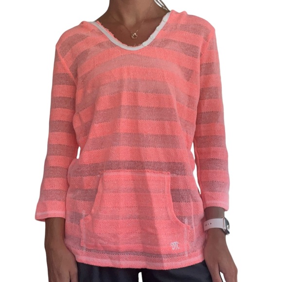 Miss Me Womens Sz Medium Bright Coral 3/4 Sleeve Knit Hooded Lightweight Sweater - Picture 15 of 16